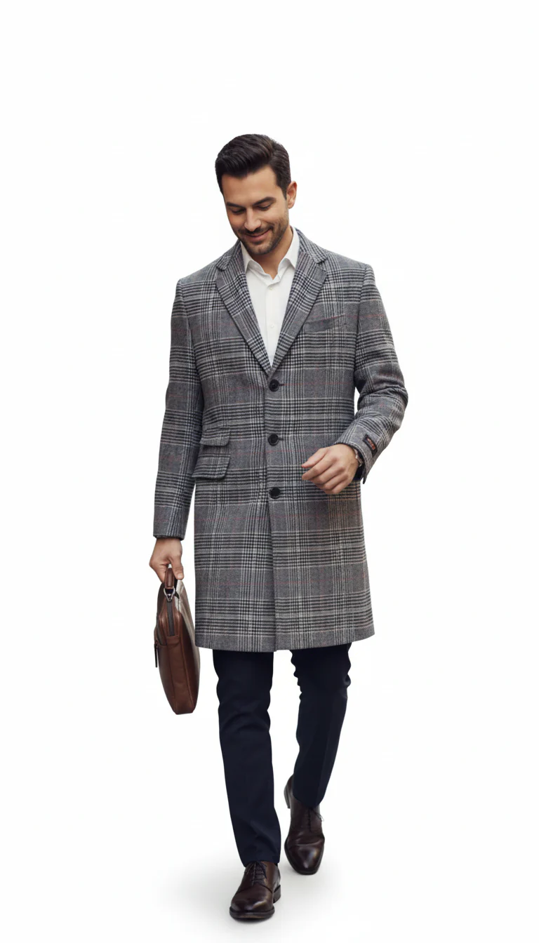 Mens Plaid Overcoat - Checkered Carcoat - 100% Wool Three Quarter Peacoat - Image 4