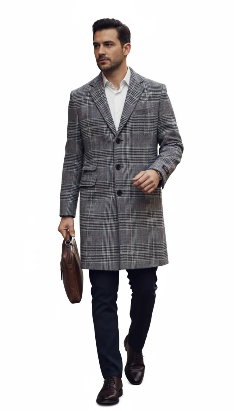 Mens Plaid Overcoat - Checkered Carcoat - 100% Wool Three Quarter Peacoat - Image 5