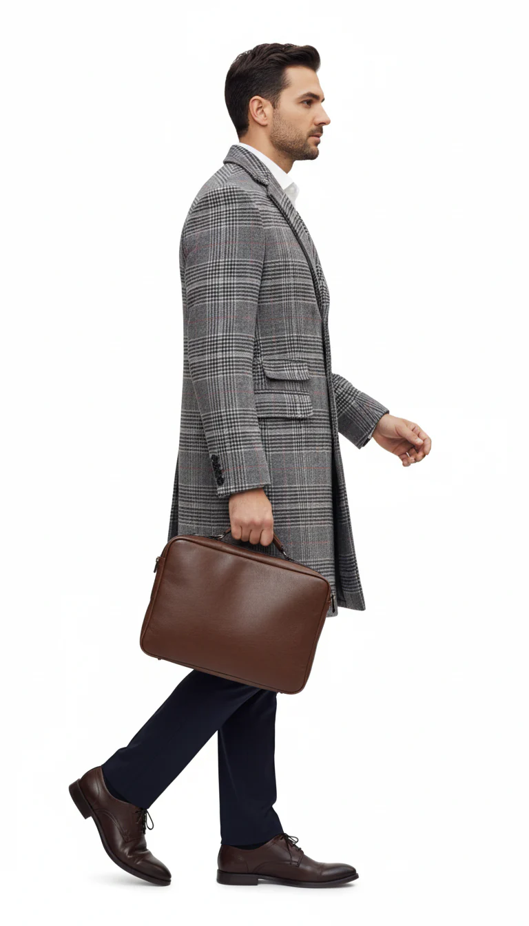 Mens Plaid Overcoat - Checkered Carcoat - 100% Wool Three Quarter Peacoat - Image 6
