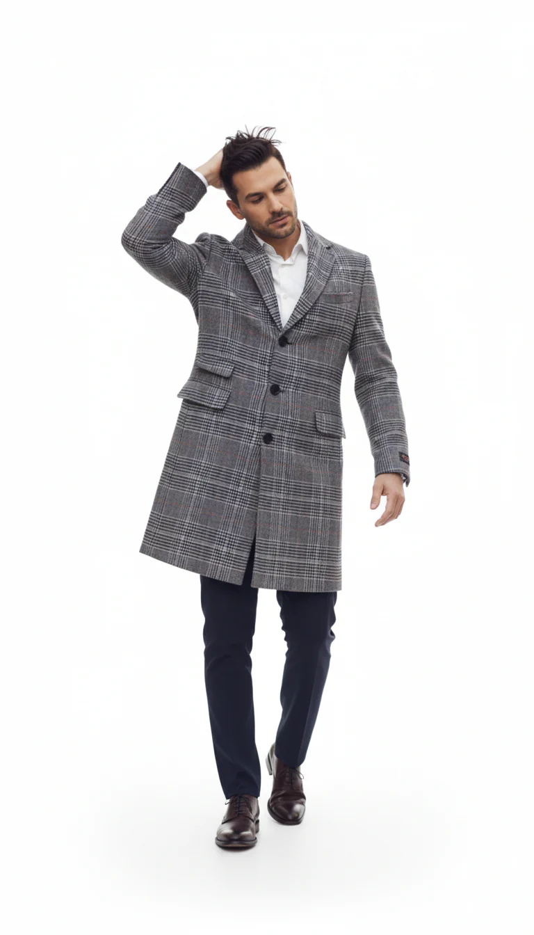 Mens Plaid Overcoat - Checkered Carcoat - 100% Wool Three Quarter Peacoat - Image 7