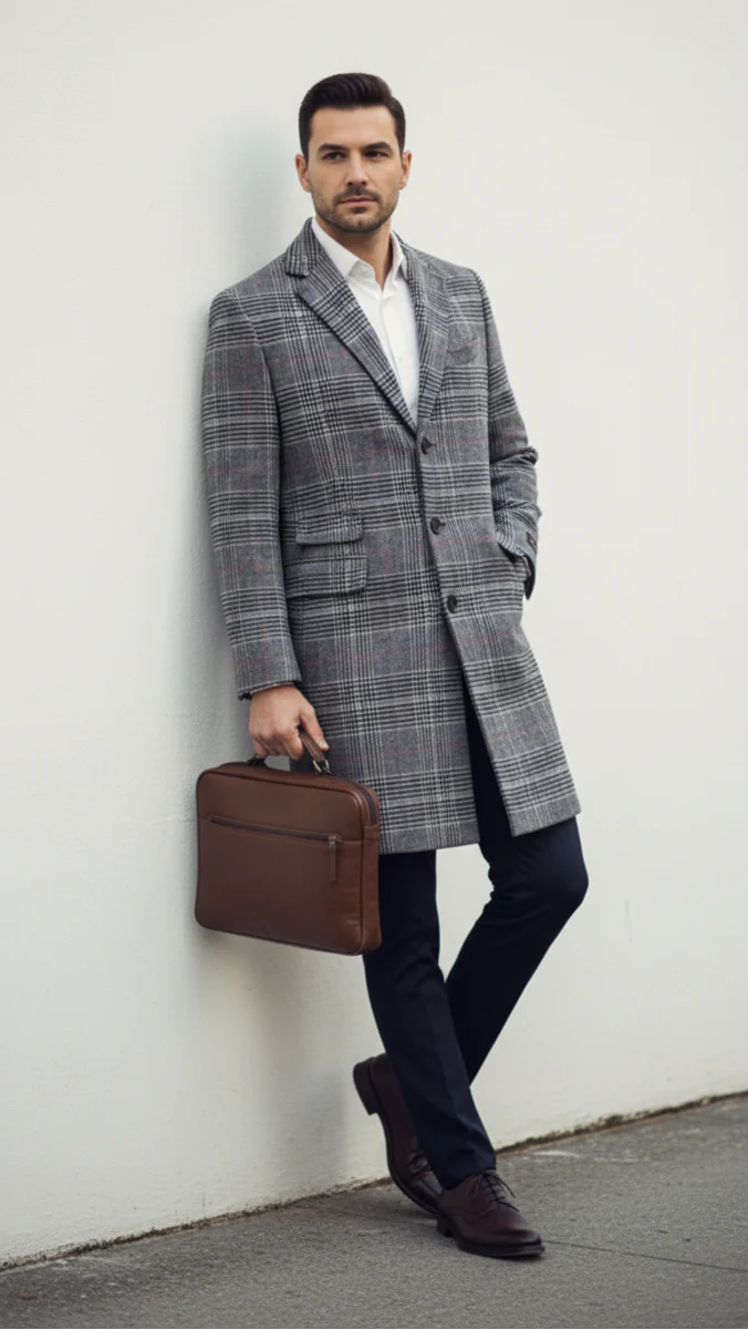 Mens Plaid Overcoat - Checkered Carcoat - 100% Wool Three Quarter Peacoat - Image 8