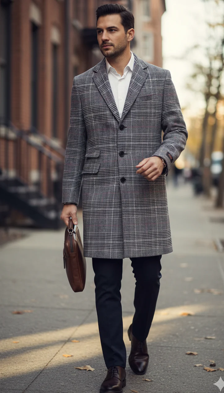 Mens Plaid Overcoat - Checkered Carcoat - 100% Wool Three Quarter Peacoat - Image 9