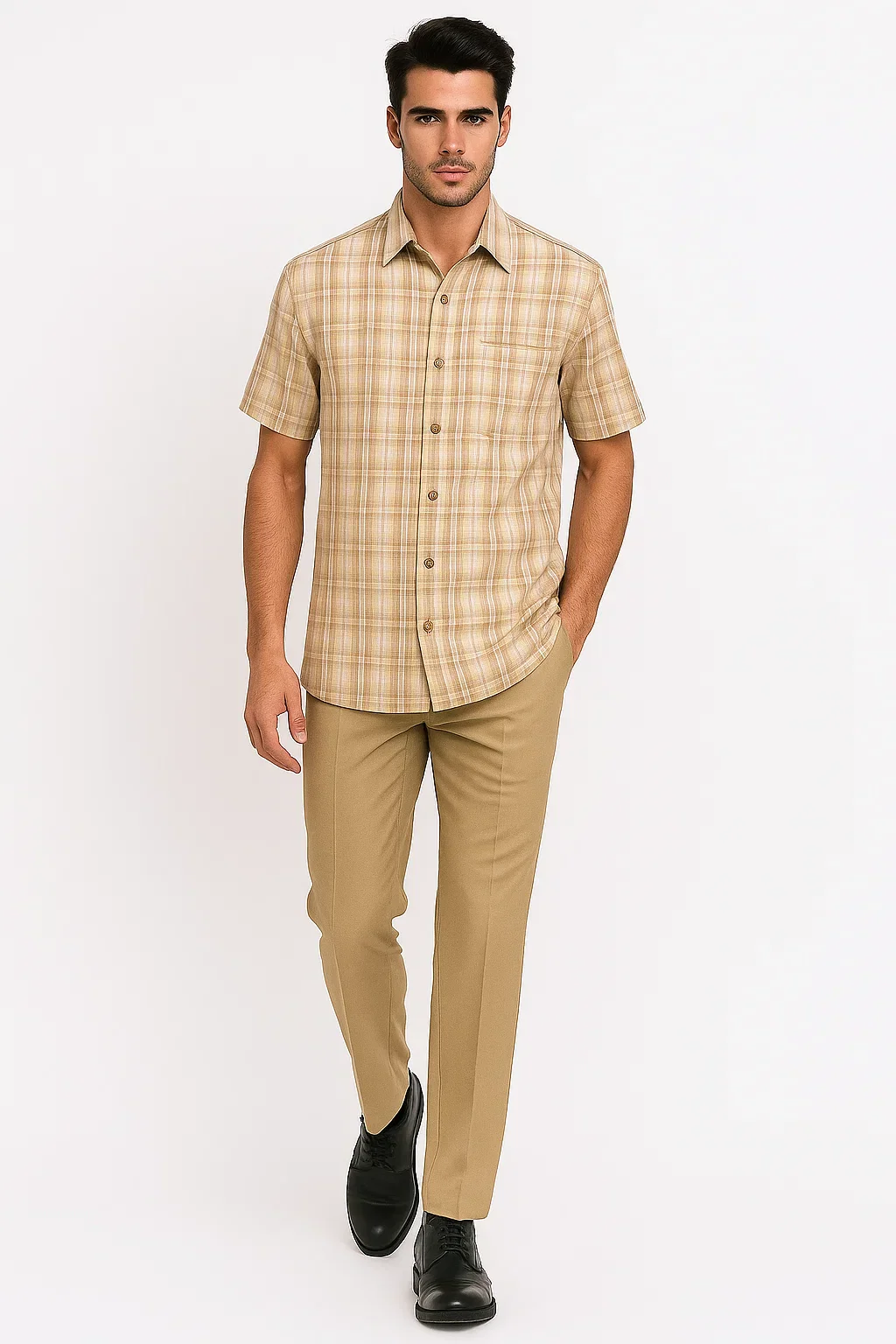 Mens Plaid Walking Suit in Tan by Dreams by Zacchi – 2 Piece Leisure Outfit with Matching Shirt and Pants - $99 - Image 8