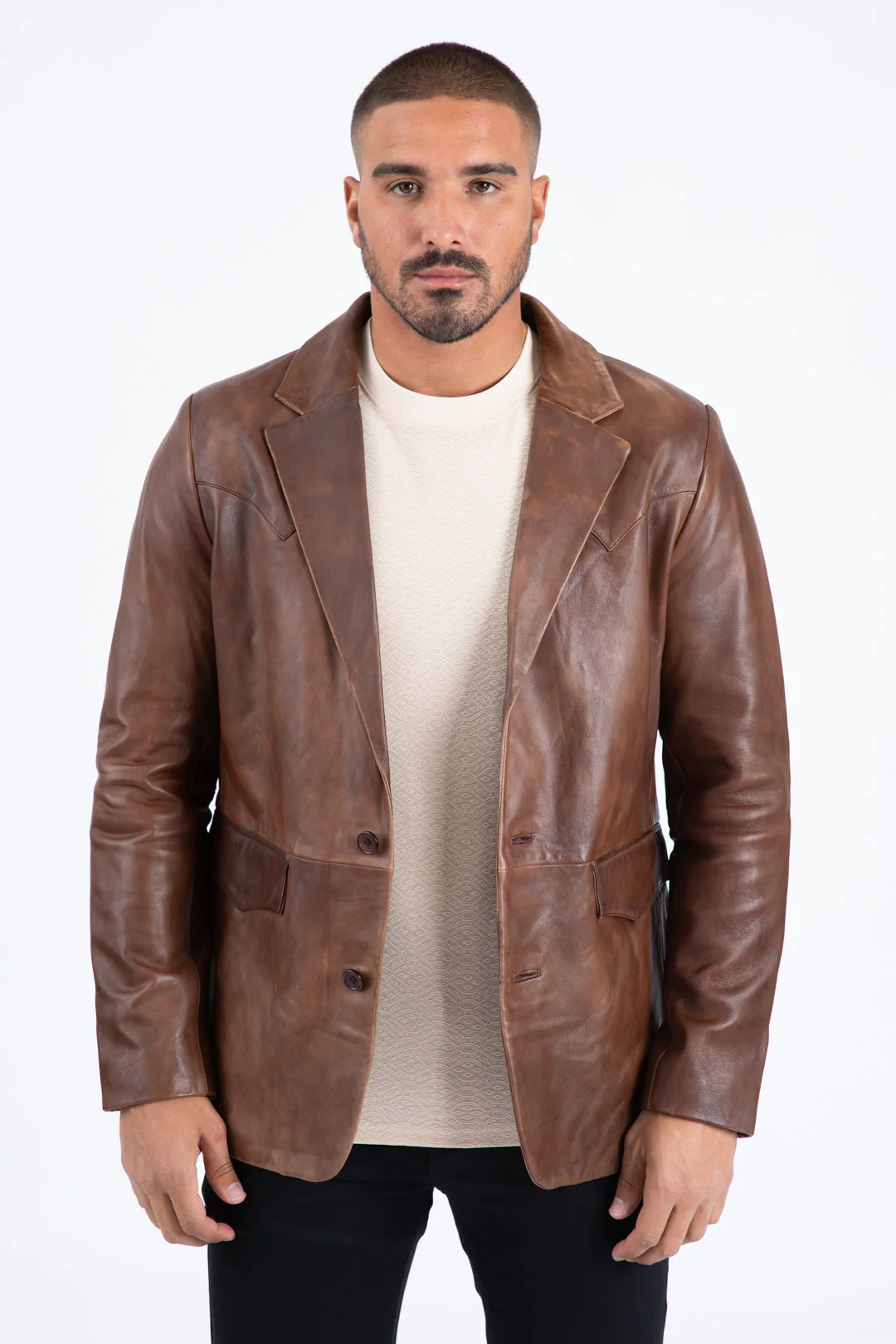 Mens Platini Western Leather Jacket Brown - Vintage Cowboy Style - Image 5