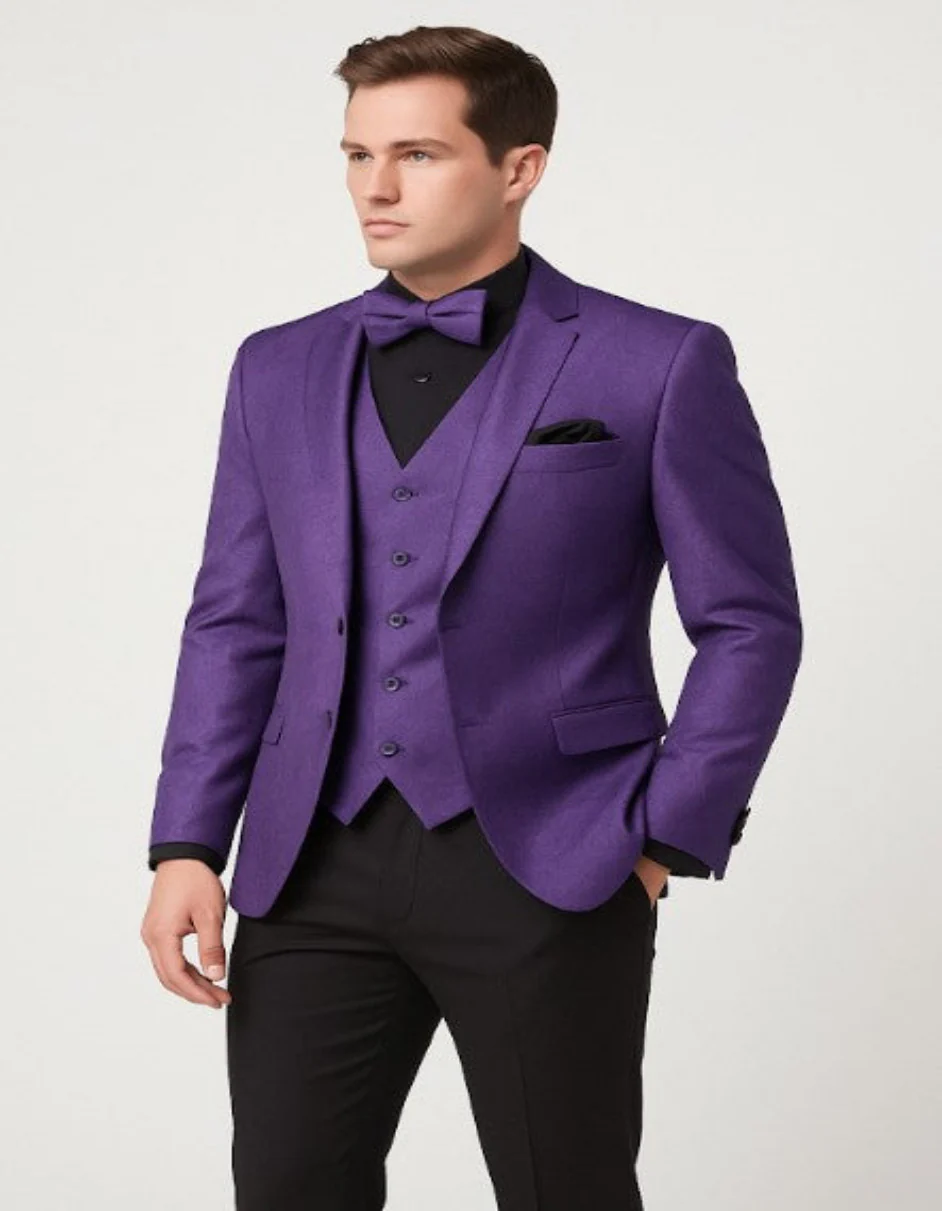 Mens Purple Paisley Tuxedo – 3 Piece Suit with Bow Tie and Black Pants | Wedding & Prom Outfit - Slim Fitted - Image 4