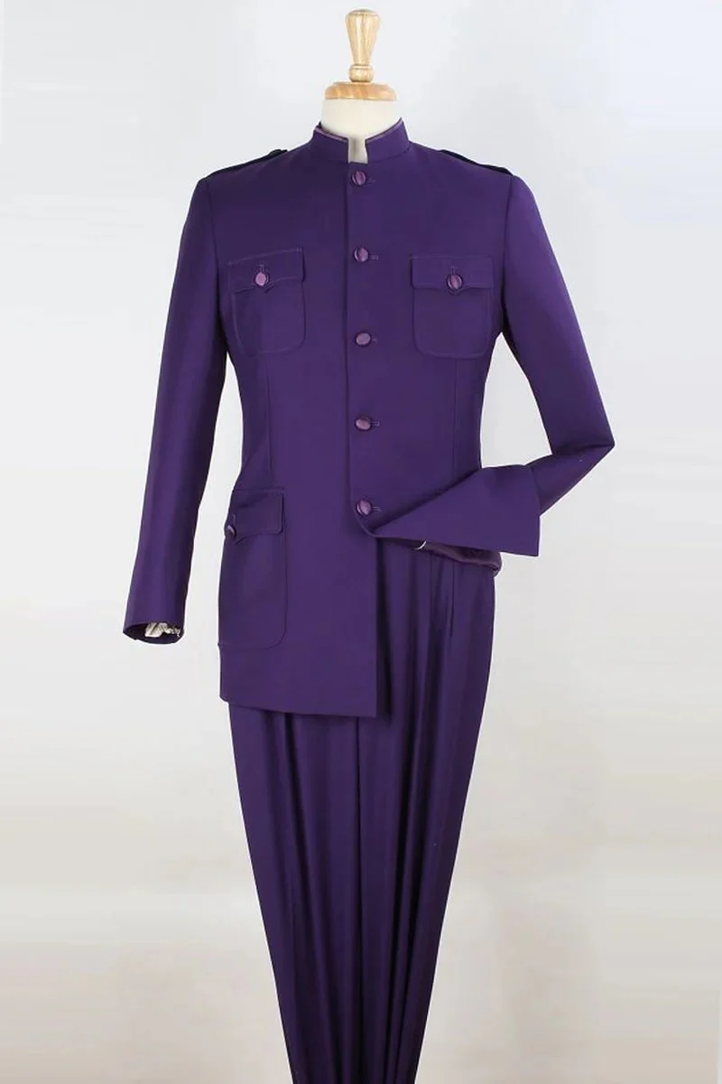 Mens Purple Safari Suit – Military Look with Five-Button Mandarin Jacket