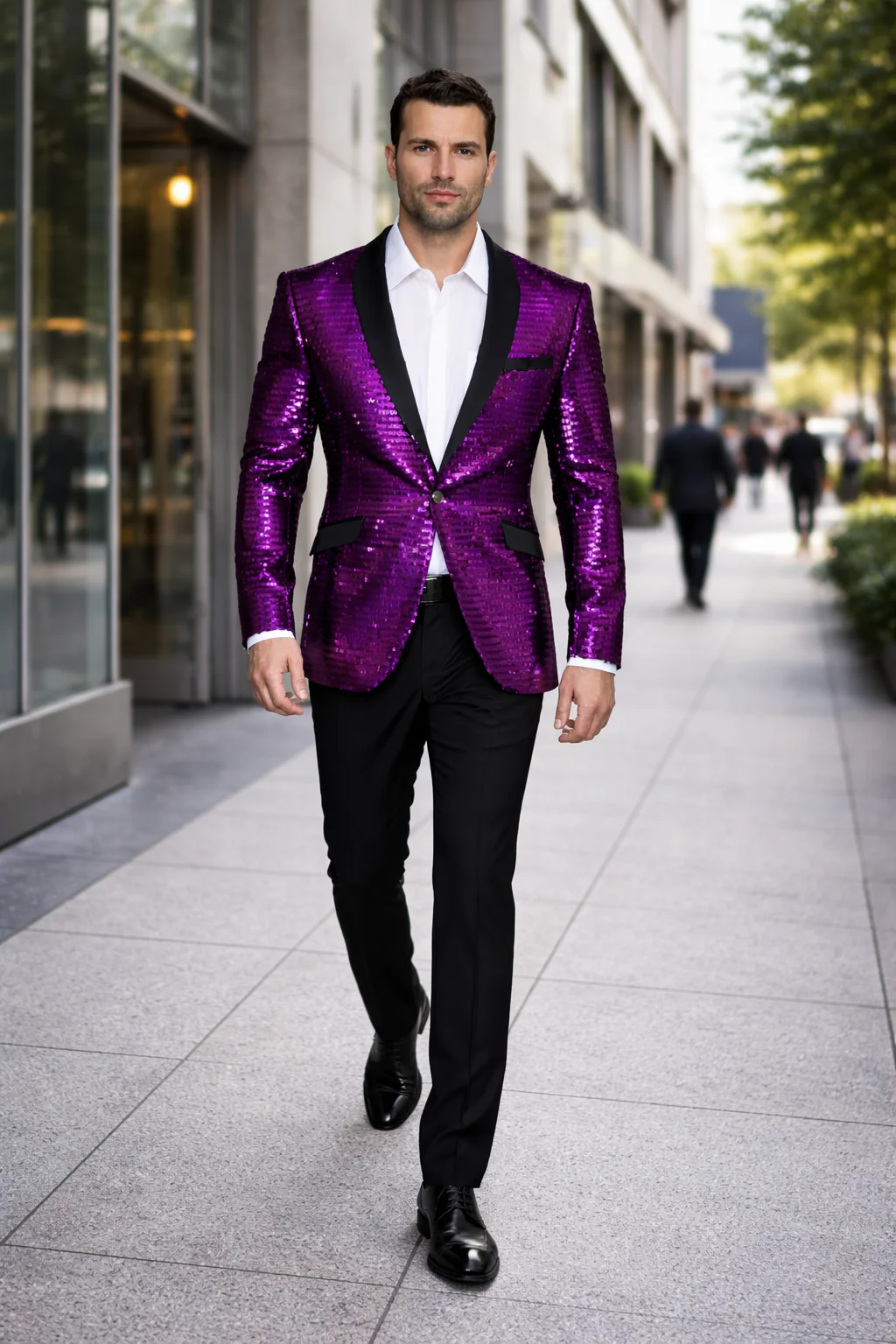 Men'S Purple Shiny Sequin Paisley 1 Button Blazer Dinner Jacket Sport Coat Jacket Sharkskin Flashy Stage Available In Peak Lapel - Image 3