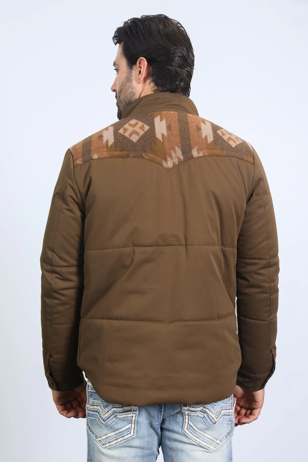Men’s Quilted Twill Jacket with Aztec Print and Fur Lining – Brown - Image 3