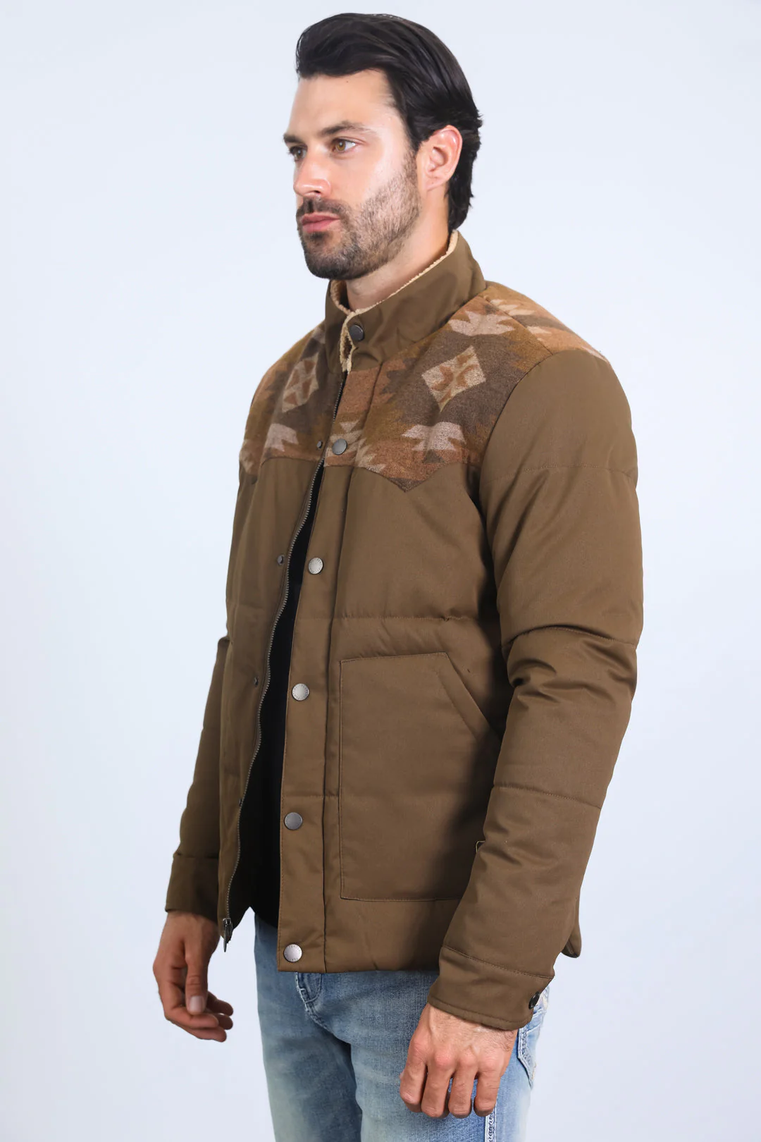 Men’s Quilted Twill Jacket with Aztec Print and Fur Lining – Brown - Image 4