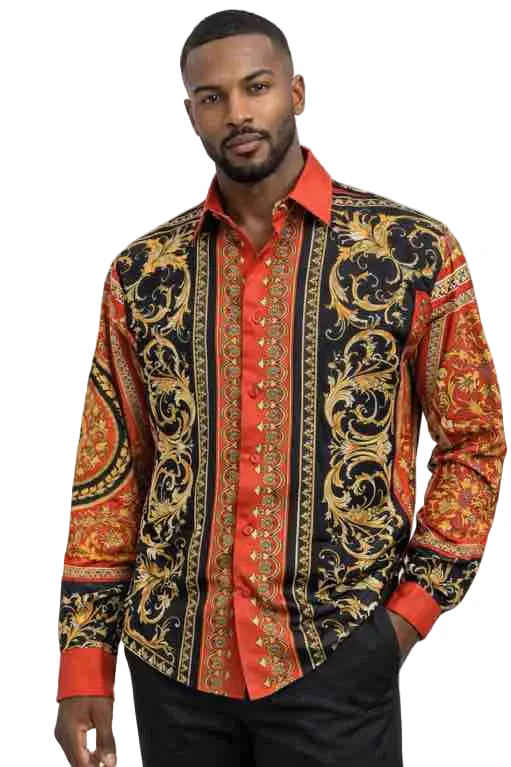 Mens Red and Black Baroque Printed Shirt β Slim Fit Luxury Long Sleeve Party and Casual Wear Shirt