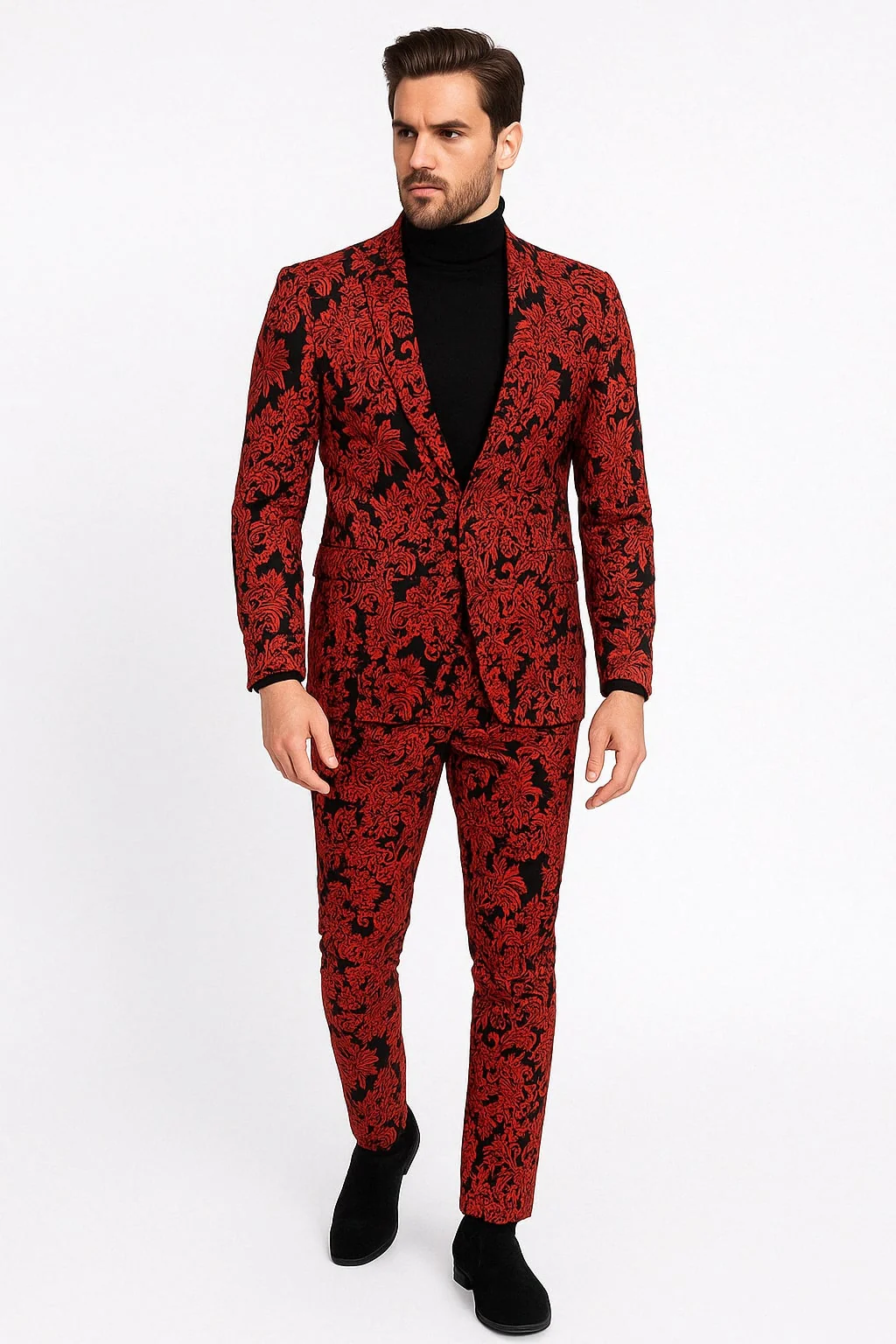 Mens Red and Black Floral Tuxedo Suit β Slim Fit 2 Piece Embroidered Outfit for Weddings, Prom, and Formal Events