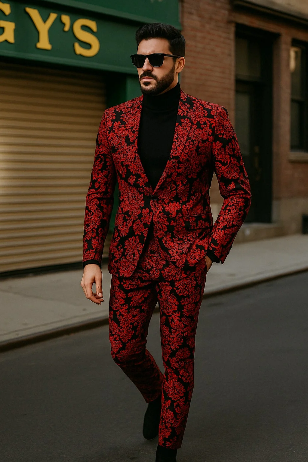 Mens Red and Black Floral Tuxedo Suit β Slim Fit 2 Piece Embroidered Outfit for Weddings, Prom, and Formal Events - Image 2