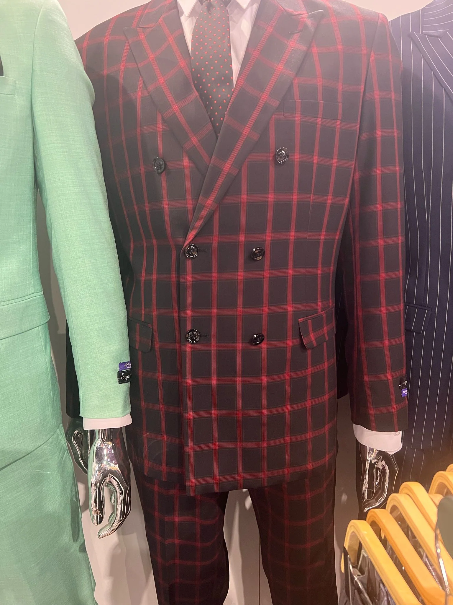 Mens Red and Black Plaid Double-Breasted Suit β Slim Fit Checkered 2 Piece Formal Business Outfit - Image 3