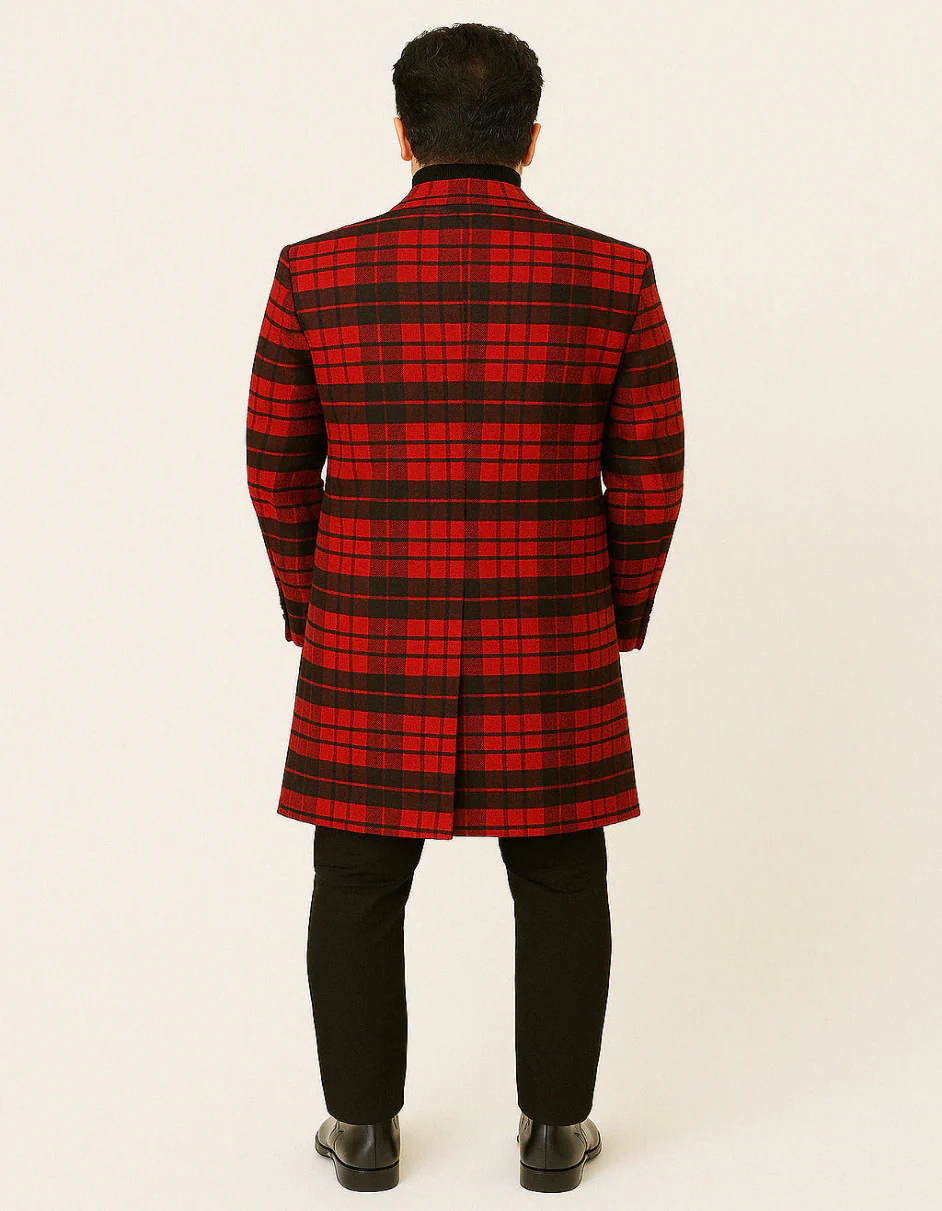 Mens Red and Black Plaid Wool Overcoat – Three Quarter Carcoat - Christmas Coat - Red Peacoat - Image 3