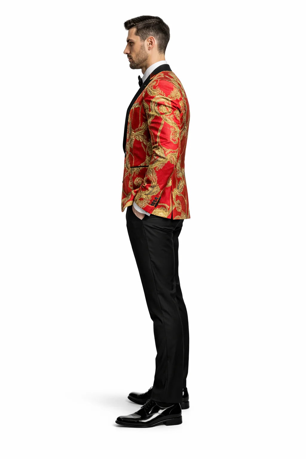 Mens Red and Gold Embroidered Tuxedo Blazer – Baroque Style One Button Dinner Jacket with Black Satin Lapel - Image 3