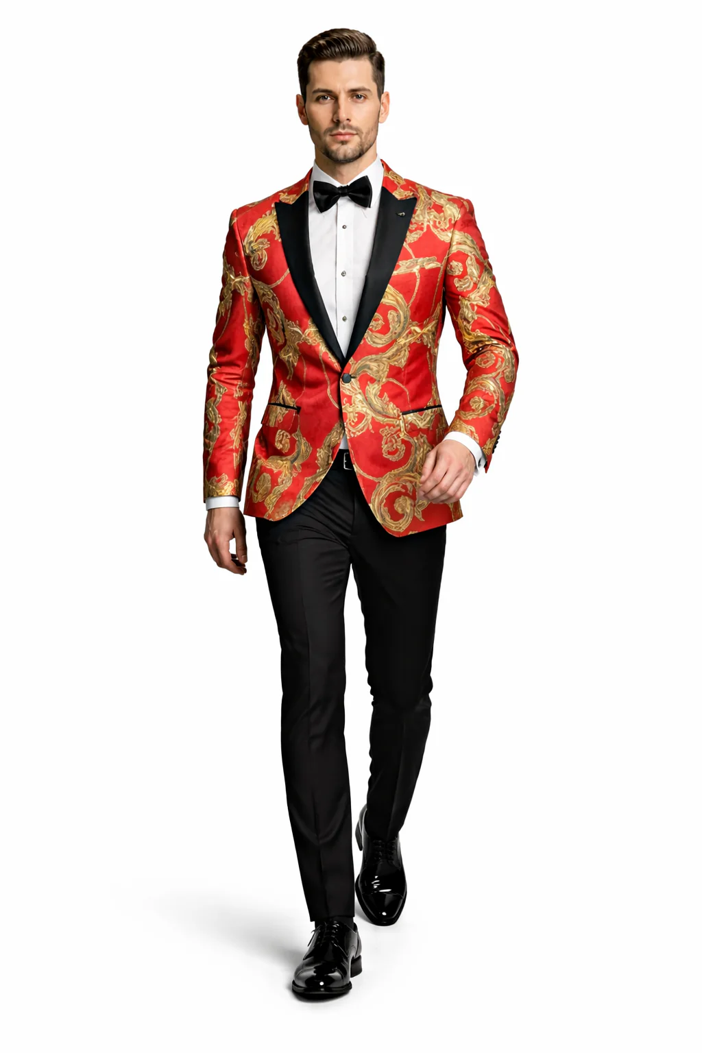 Mens Red and Gold Embroidered Tuxedo Blazer – Baroque Style One Button Dinner Jacket with Black Satin Lapel - Image 4
