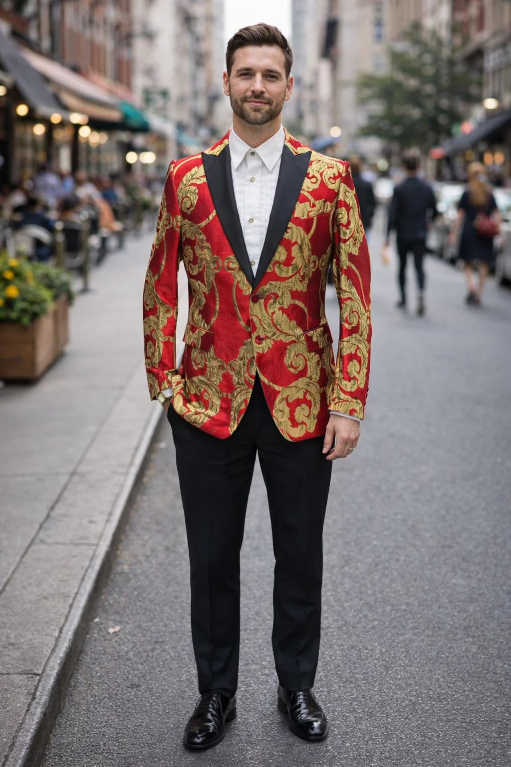 Mens Red and Gold Embroidered Tuxedo Blazer – Baroque Style One Button Dinner Jacket with Black Satin Lapel - Image 5