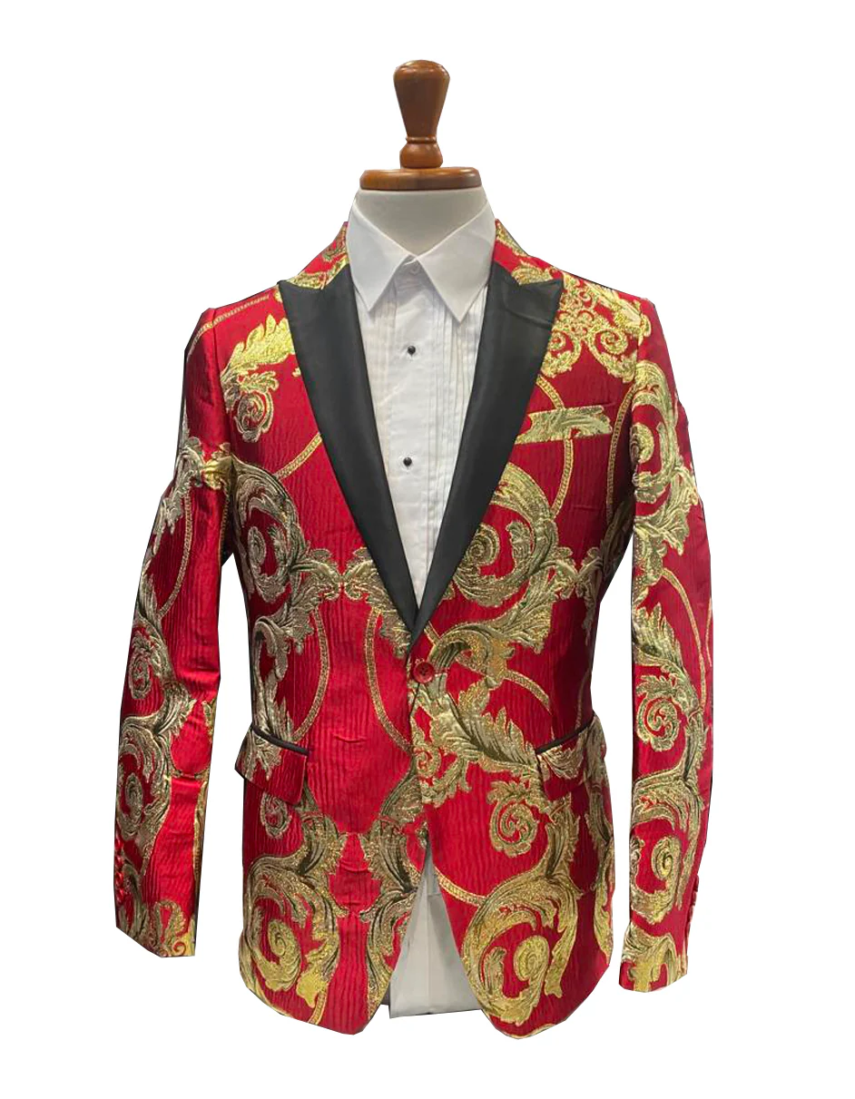 Mens Red and Gold Embroidered Tuxedo Blazer – Baroque Style One Button Dinner Jacket with Black Satin Lapel - Image 9