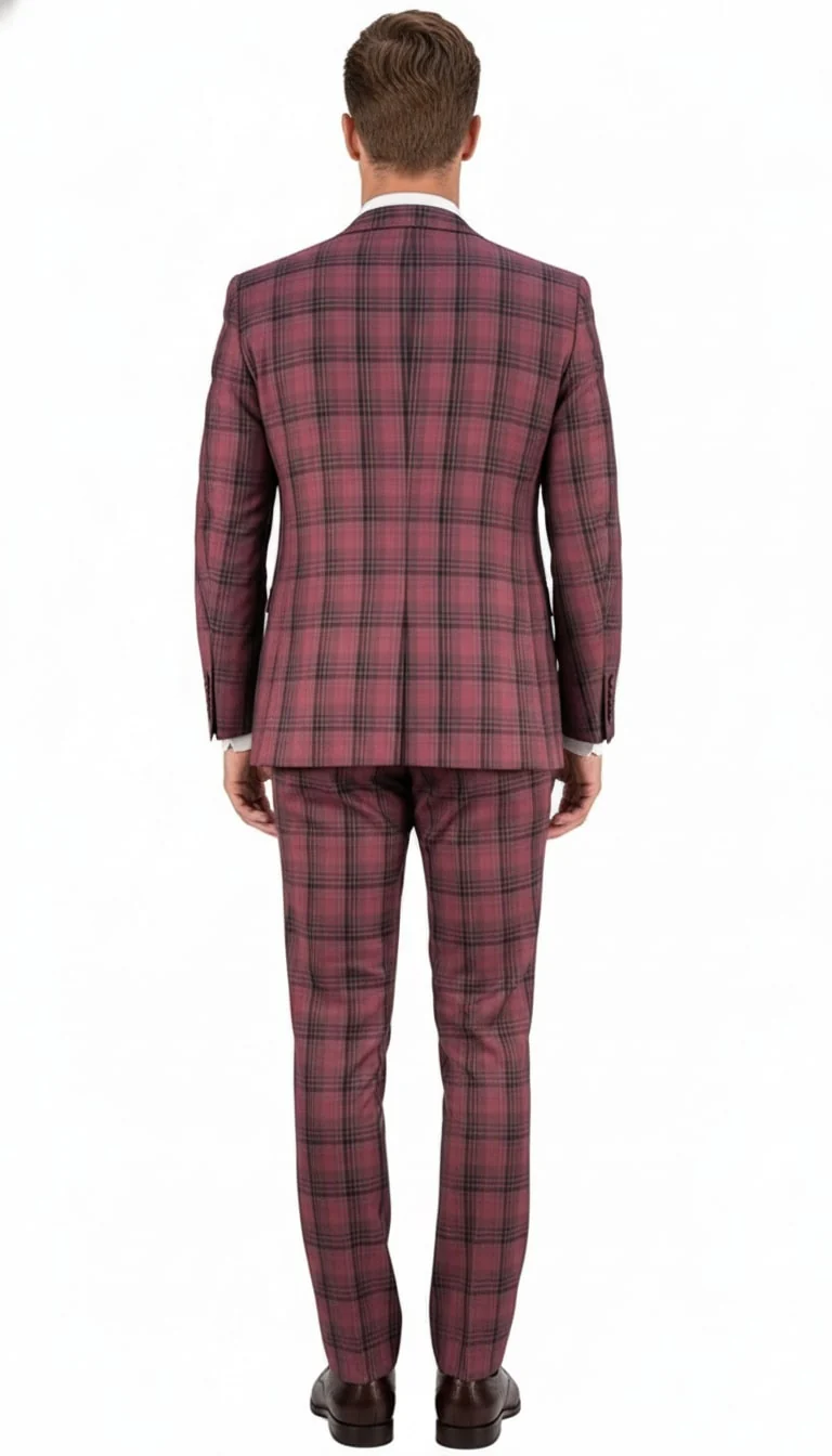 Mens Red Burgundy Plaid 3-Piece Suit – Classic Checkered Modern Fit Suit for Weddings, Church and Formal Events - Image 2
