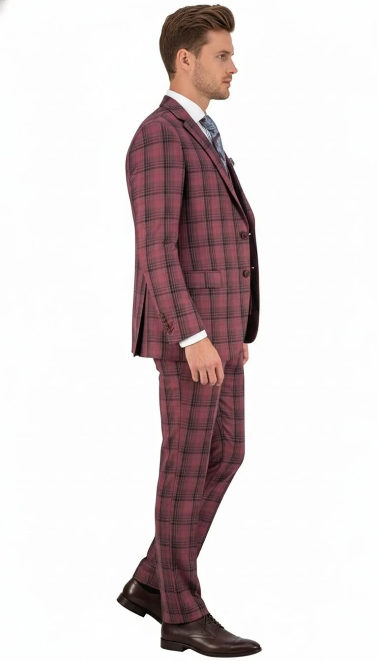 Mens Red Burgundy Plaid 3-Piece Suit – Classic Checkered Modern Fit Suit for Weddings, Church and Formal Events - Image 3