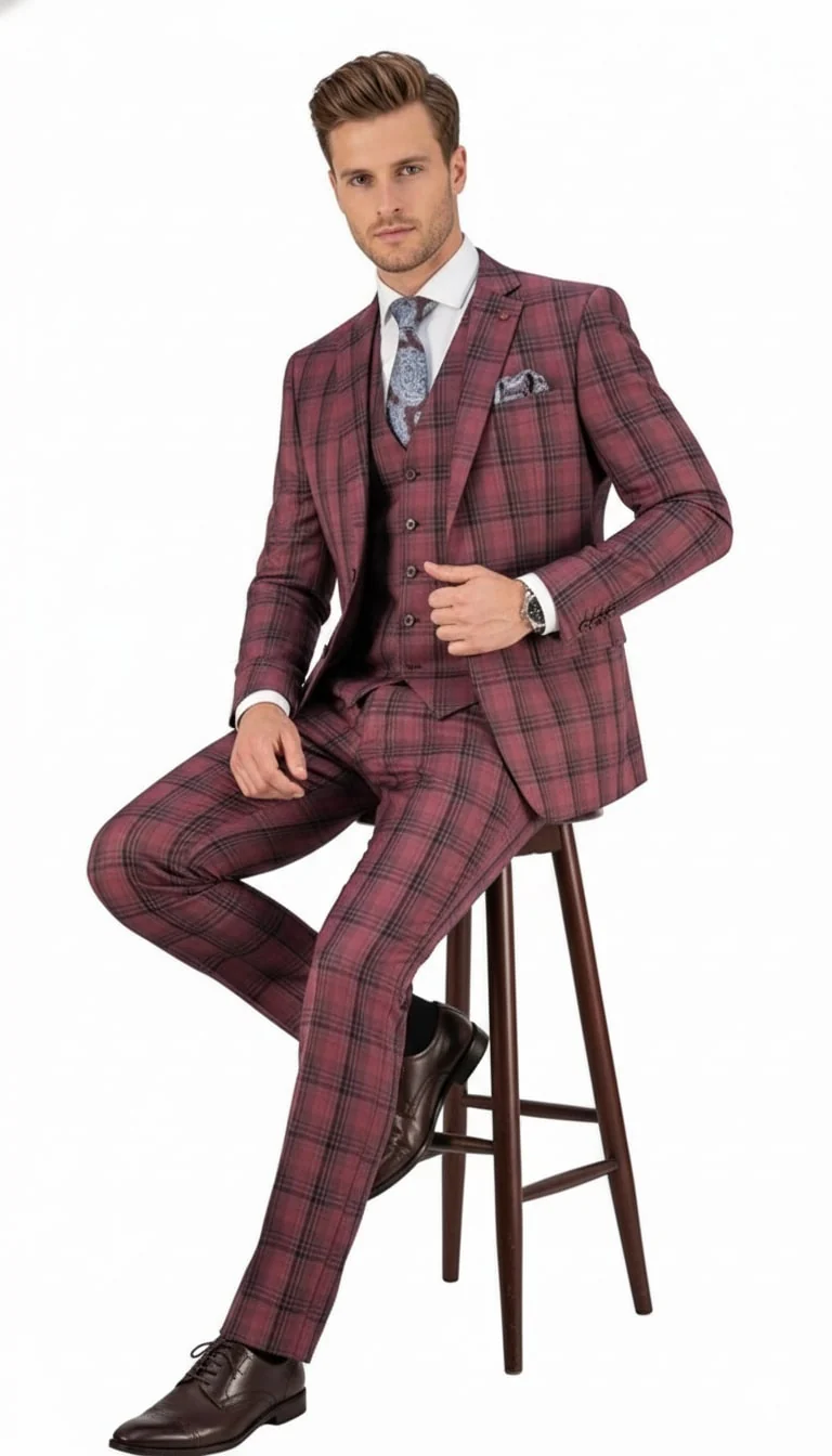 Mens Red Burgundy Plaid 3-Piece Suit – Classic Checkered Modern Fit Suit for Weddings, Church and Formal Events - Image 4