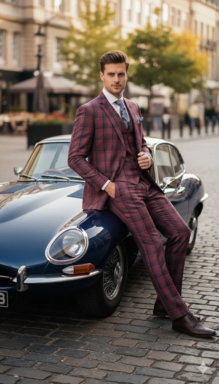 Mens Red Burgundy Plaid 3-Piece Suit – Classic Checkered Modern Fit Suit for Weddings, Church and Formal Events - Image 5