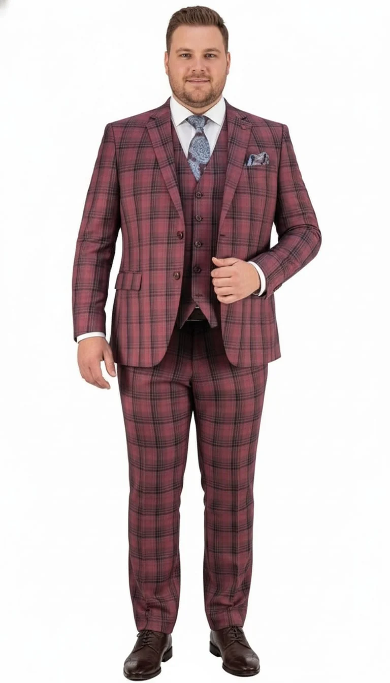 Mens Red Burgundy Plaid 3-Piece Suit – Classic Checkered Modern Fit Suit for Weddings, Church and Formal Events - Image 6