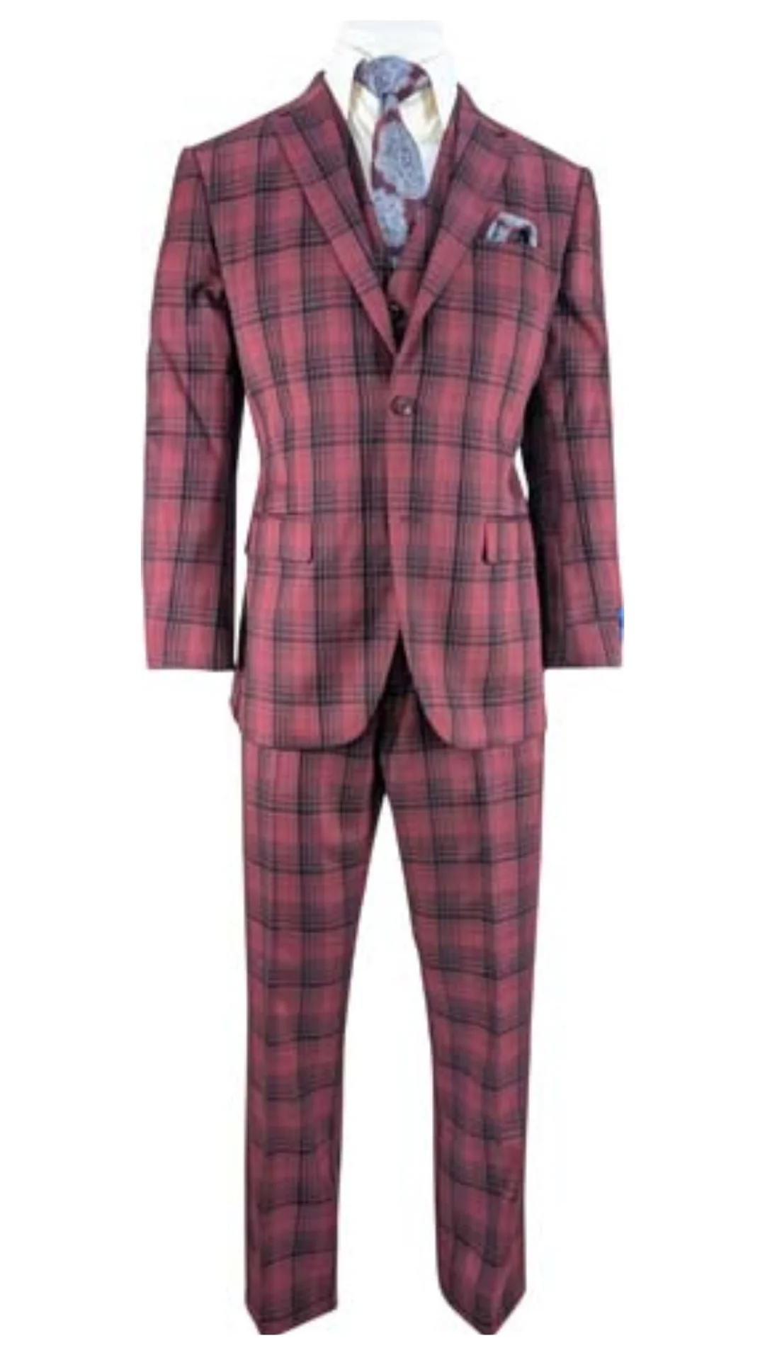 Mens Red Burgundy Plaid 3-Piece Suit – Classic Checkered Modern Fit Suit for Weddings, Church and Formal Events - Image 7