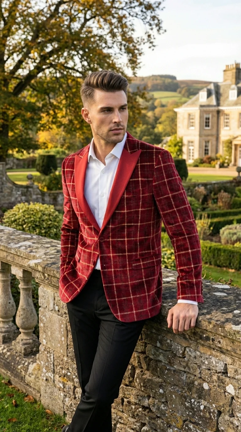 Mens Red Burgundy Plaid Blazer with Contrast Lapel – Velvet Fabric Check Prom Blazer Jacket for Party, Christmas New Year Holiday Jacket - Image 11