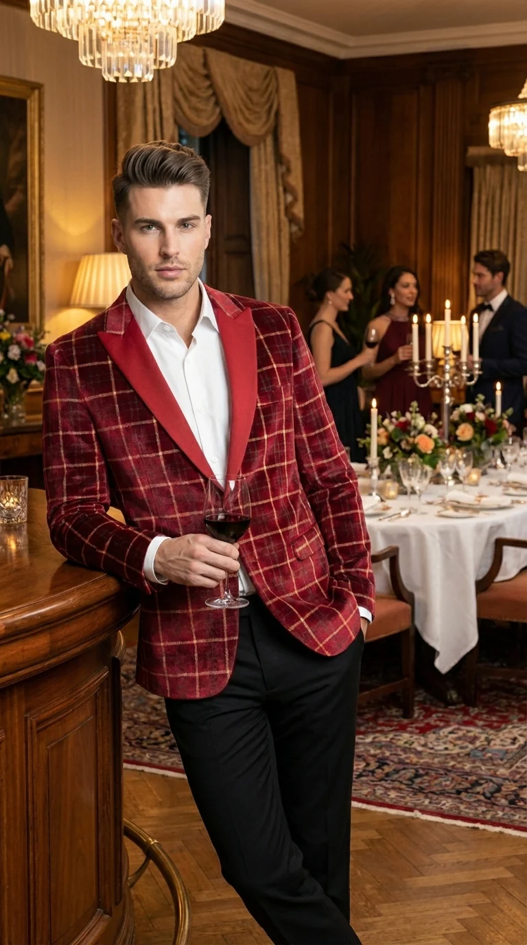 Mens Red Burgundy Plaid Blazer with Contrast Lapel – Velvet Fabric Check Prom Blazer Jacket for Party, Christmas New Year Holiday Jacket - Image 12