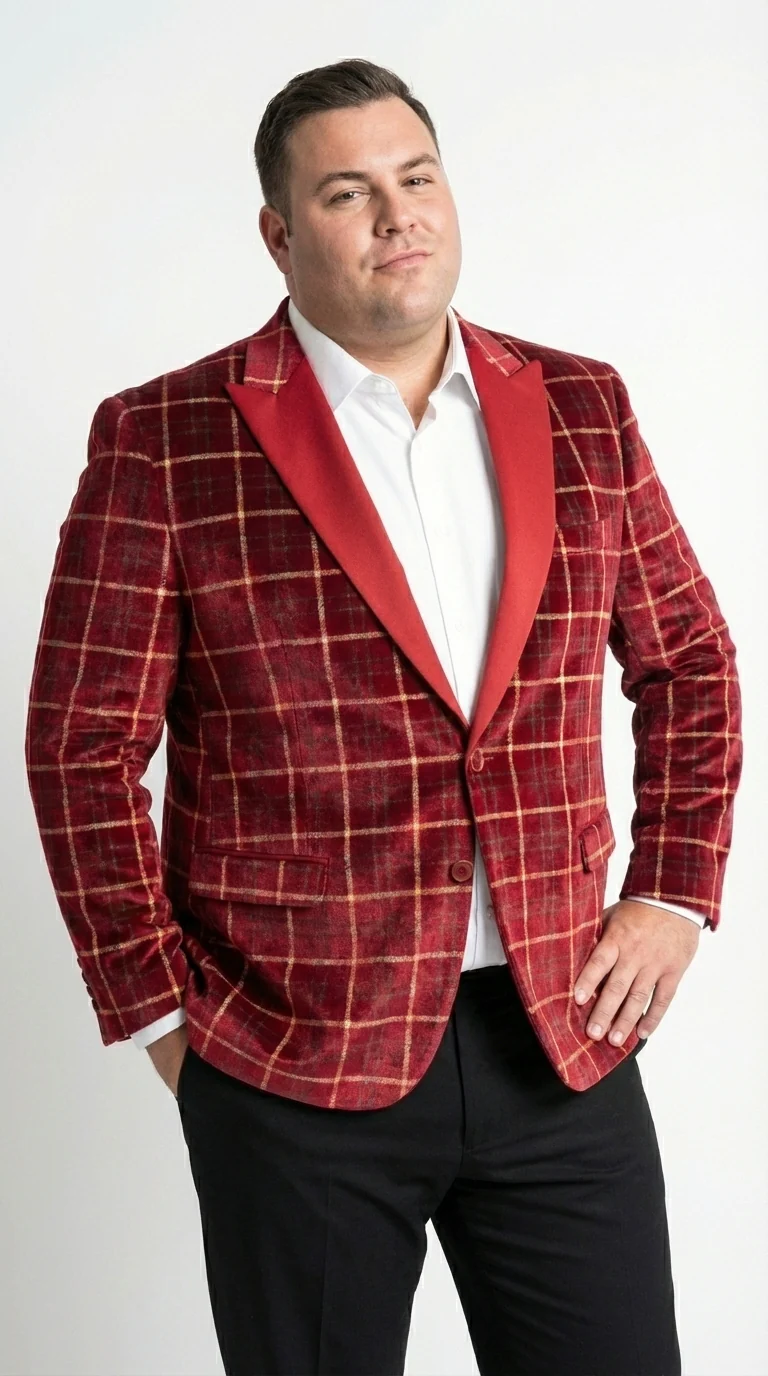 Mens Red Burgundy Plaid Blazer with Contrast Lapel – Velvet Fabric Check Prom Blazer Jacket for Party, Christmas New Year Holiday Jacket - Image 6