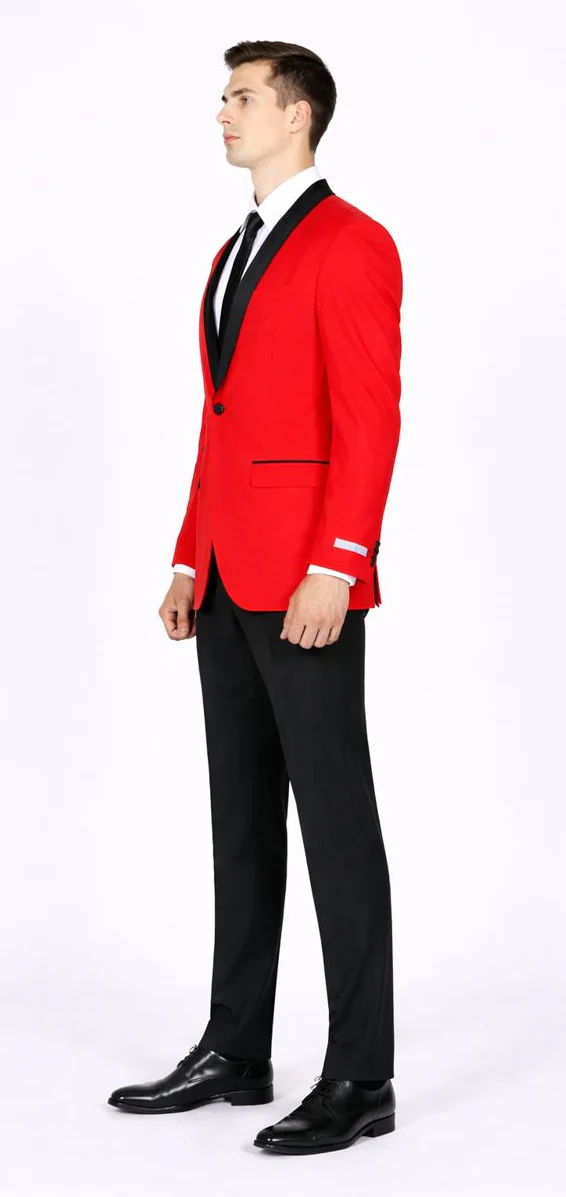 Men'S Red Dinner Jacket Suit And Black Lapel Formal Attire + Black Pants Fashion Tuxedos For Men - Red Tuxedo - Image 3