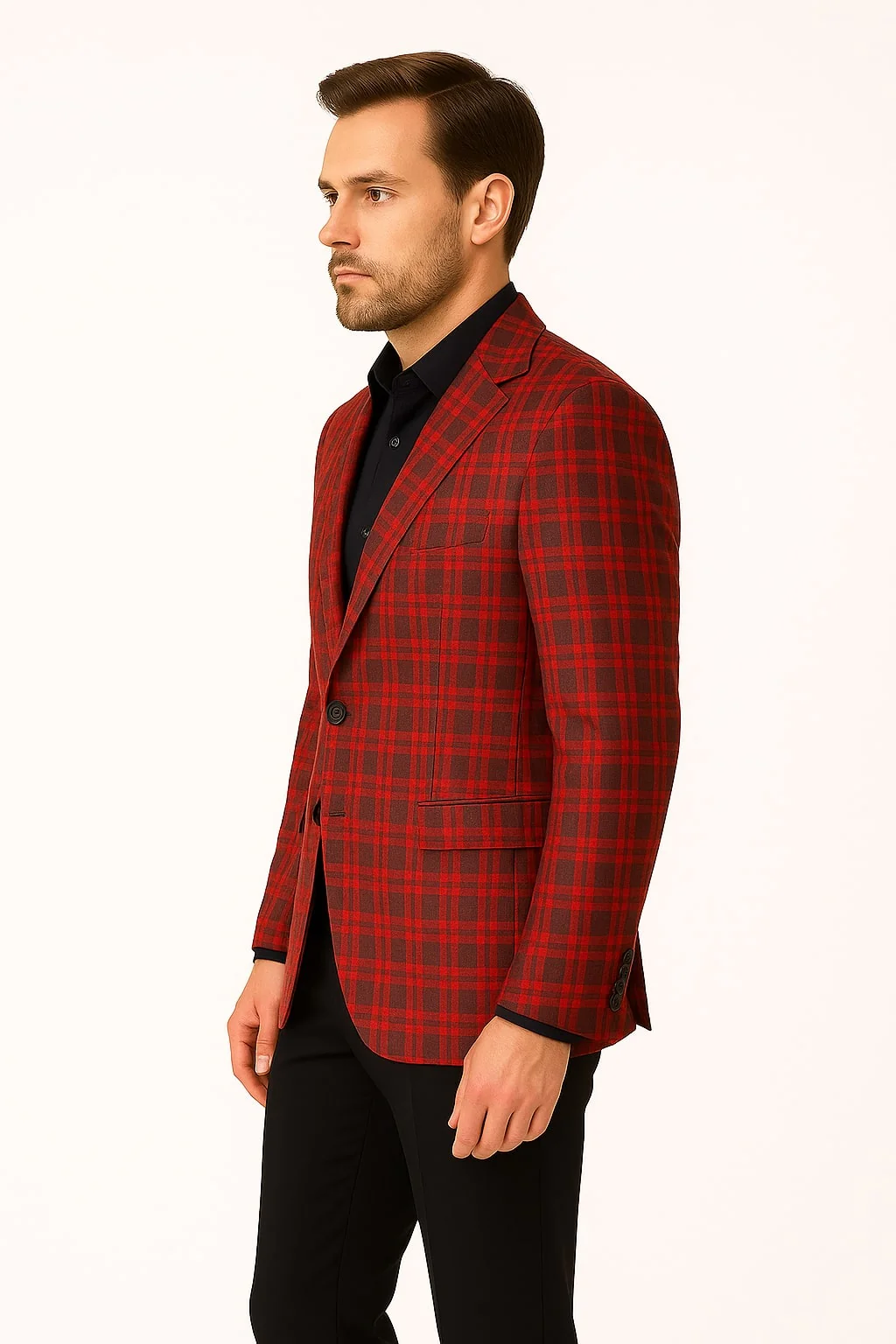 Mens Red Plaid Modern Fit Windowpane Check Blazer - Christmas Holiday Sport Coat Tartan Look - Image 2
