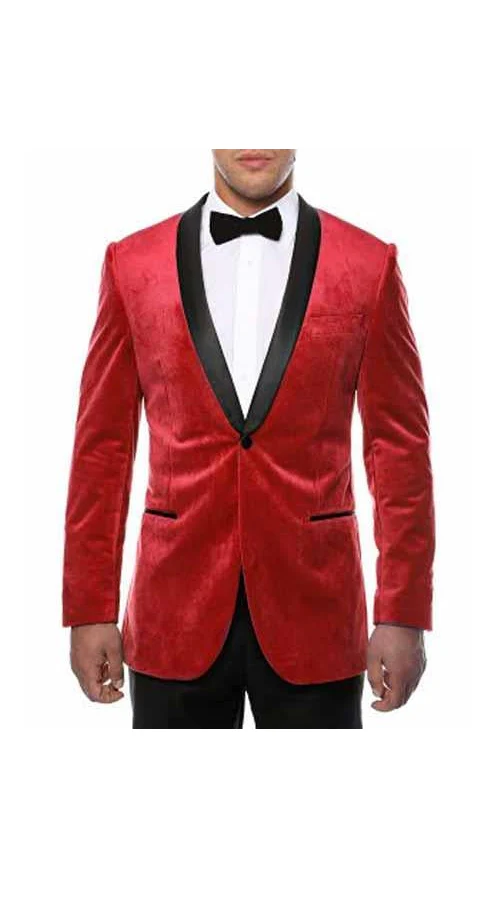 Men's Red Two Toned With Black Lapel Side Vented Velvet Velour Blazer