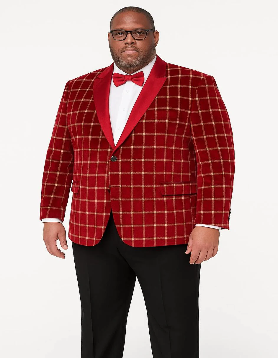 Men's Red Velvet Plaid Blazer with Satin Lapel β Designer Tartan Suit Jacket for Holidays and Events - Image 3