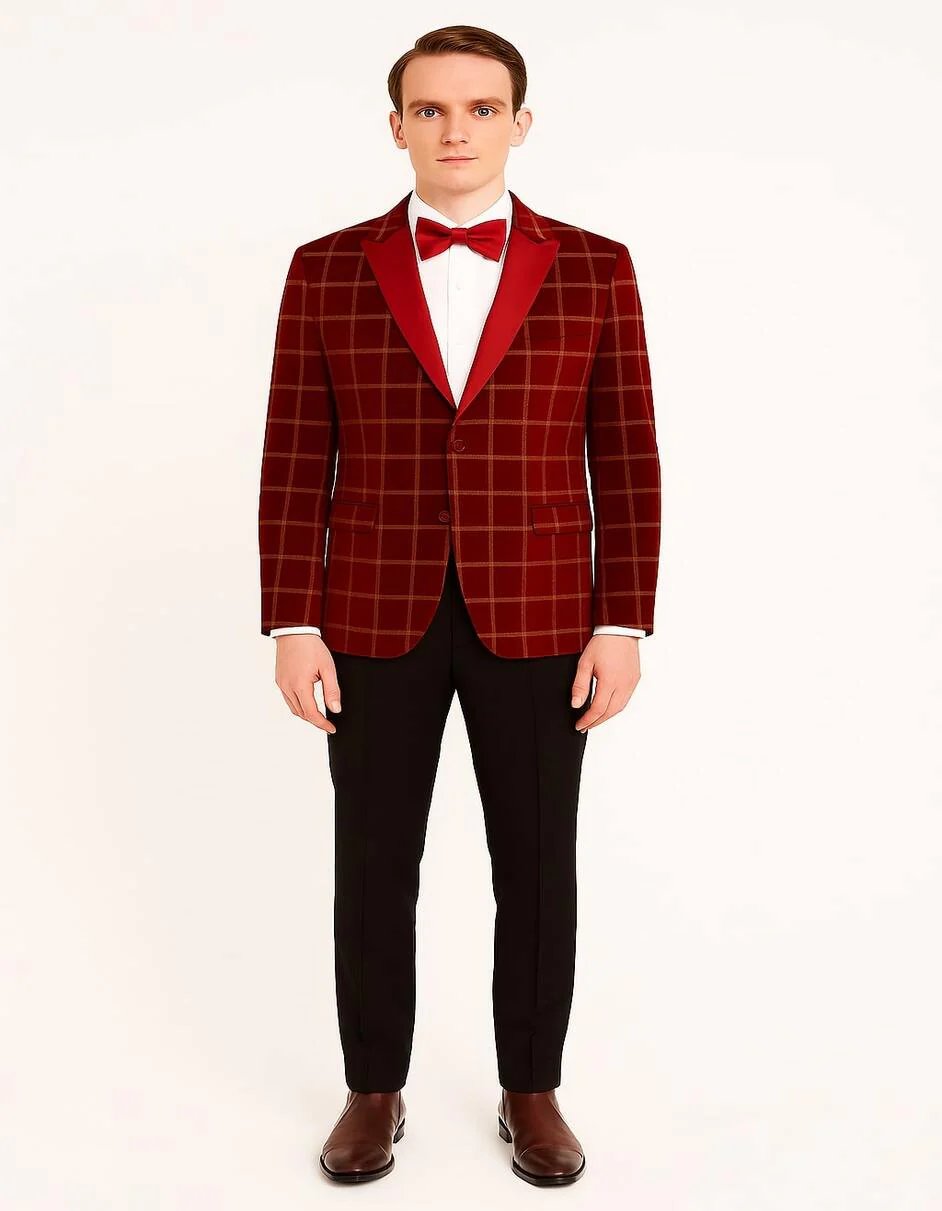 Men's Red Velvet Plaid Blazer with Satin Lapel β Designer Tartan Suit Jacket for Holidays and Events - Image 4