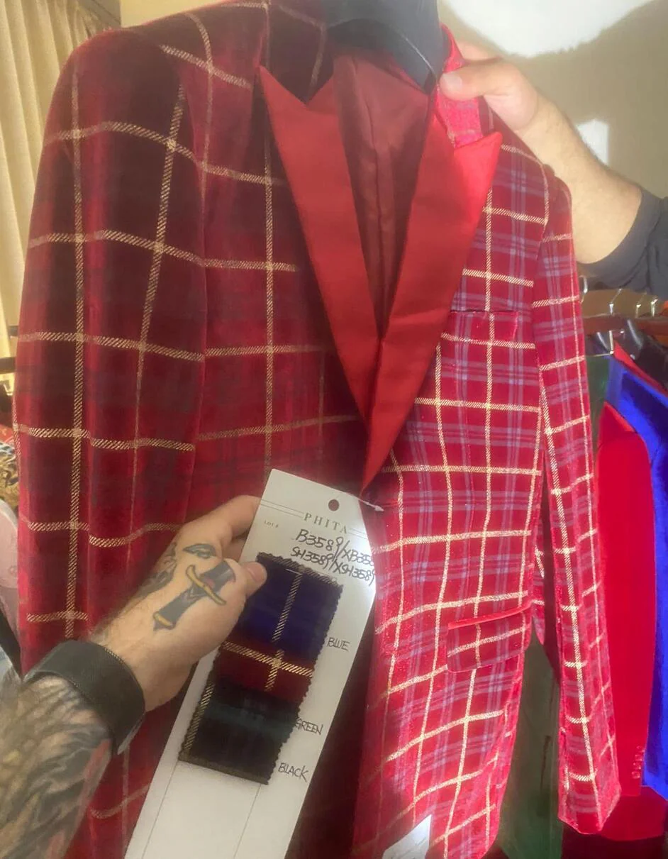 Men's Red Velvet Plaid Blazer with Satin Lapel β Designer Tartan Suit Jacket for Holidays and Events - Image 5
