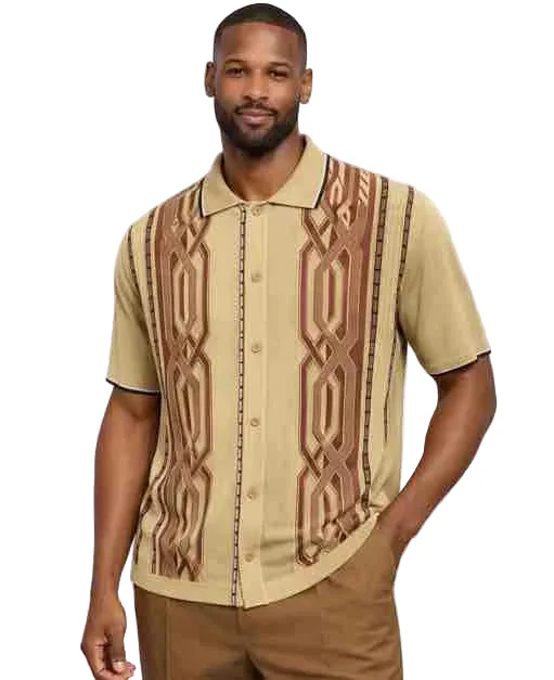 Mens Retro Geometric Pattern Short Sleeve Shirt – Vintage Knit Button-Up Polo Style Casual Summer Shirt