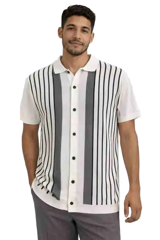 Mens Retro Vertical Stripe Button-Up Polo Shirt – Short Sleeve Casual Summer Knit Shirt White and Black