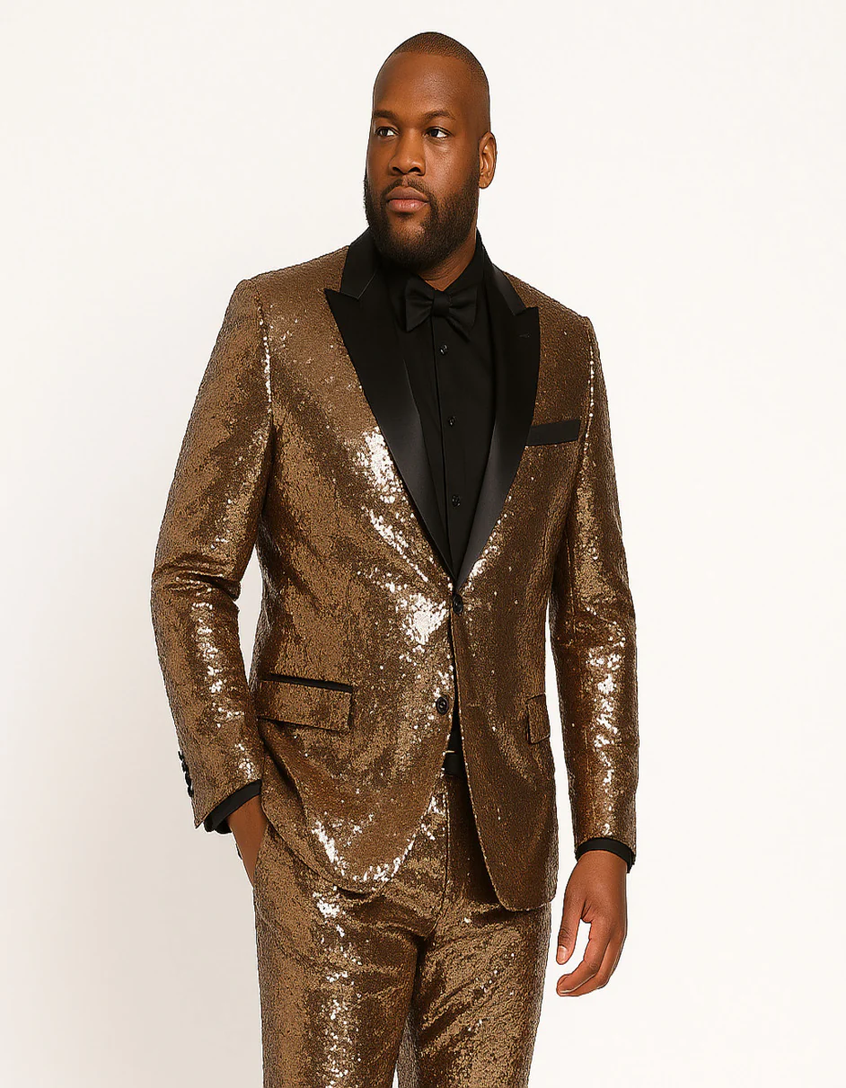 Men's Rose Gold Sequin Tuxedo Suit with Black Satin Lapel – Luxury Slim Fit Blazer for Parties and Events - Image 5