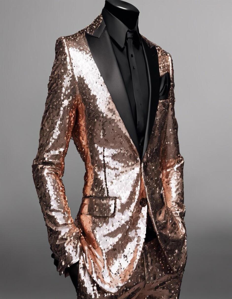 Men's Rose Gold Sequin Tuxedo Suit with Black Satin Lapel – Luxury Slim Fit Blazer for Parties and Events - Image 6