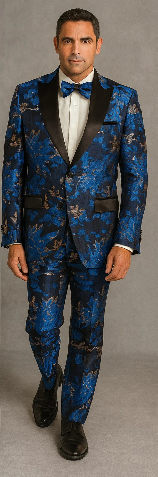 Mens Royal Blue and Gold 2 Button Paisley Tuxedo - Image 3