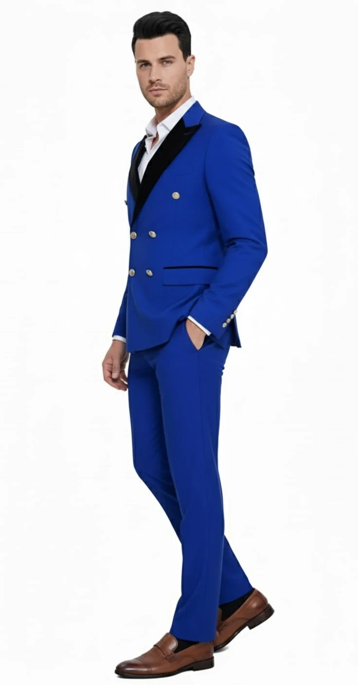 Mens Royal Blue Double-Breasted Tuxedo Suit – Modern Slim Fit Formal Wedding and Prom Outfit with Black Satin Lapel - Image 3