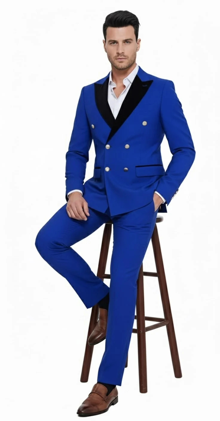 Mens Royal Blue Double-Breasted Tuxedo Suit – Modern Slim Fit Formal Wedding and Prom Outfit with Black Satin Lapel - Image 4