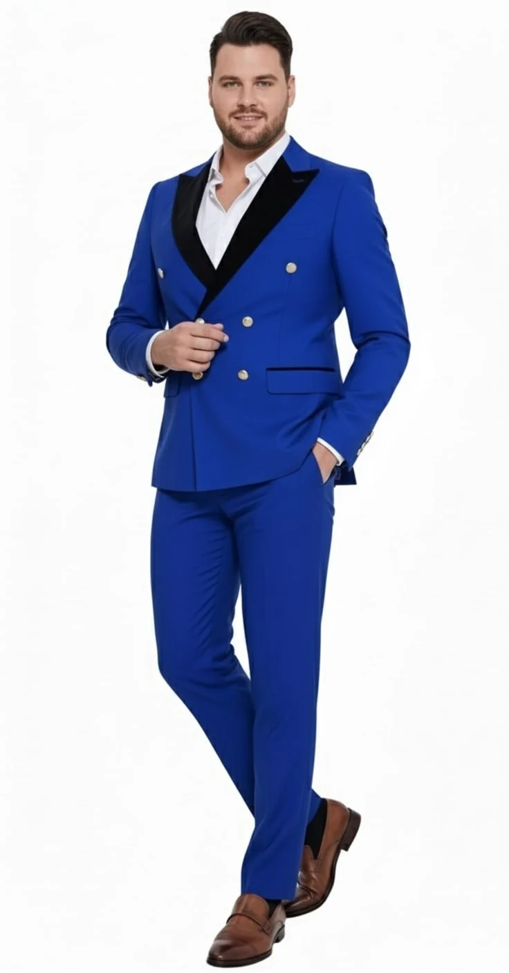 Mens Royal Blue Double-Breasted Tuxedo Suit – Modern Slim Fit Formal Wedding and Prom Outfit with Black Satin Lapel - Image 6