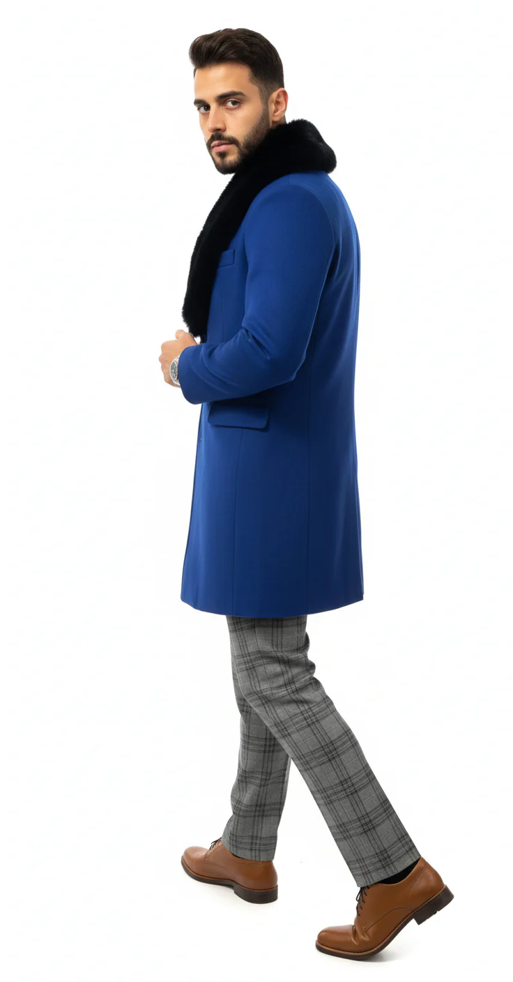 Mens Royal Blue Overcoat - Blue Topcoat  With Fur Collar - Mens Car Coat - Image 5