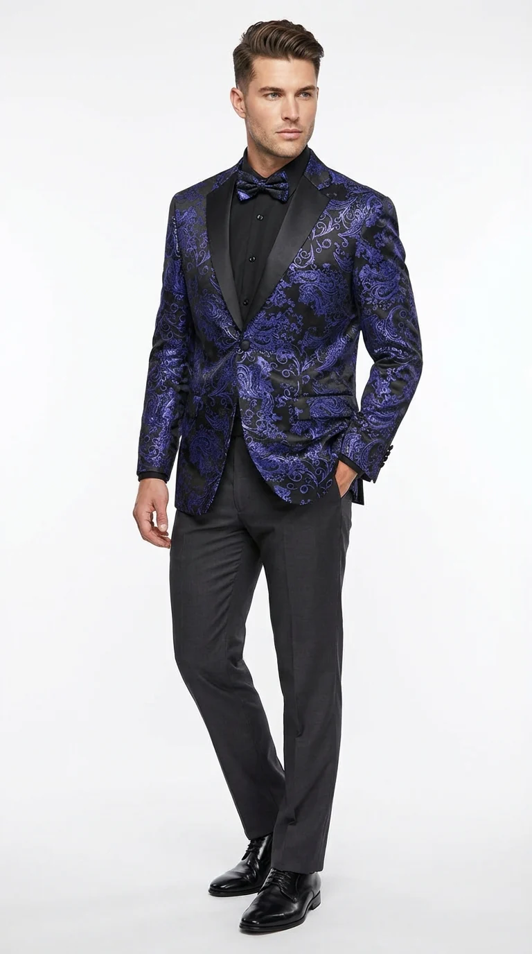 Mens Blue Paisley Jacquard Blazer – Luxury Pattern Tuxedo Dinner Jacket with Black Satin Lapel for Wedding, Prom With Bowtie
