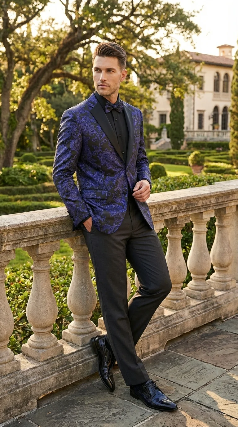 Mens Blue Paisley Jacquard Blazer – Luxury Pattern Tuxedo Dinner Jacket with Black Satin Lapel for Wedding, Prom With Bowtie - Image 10