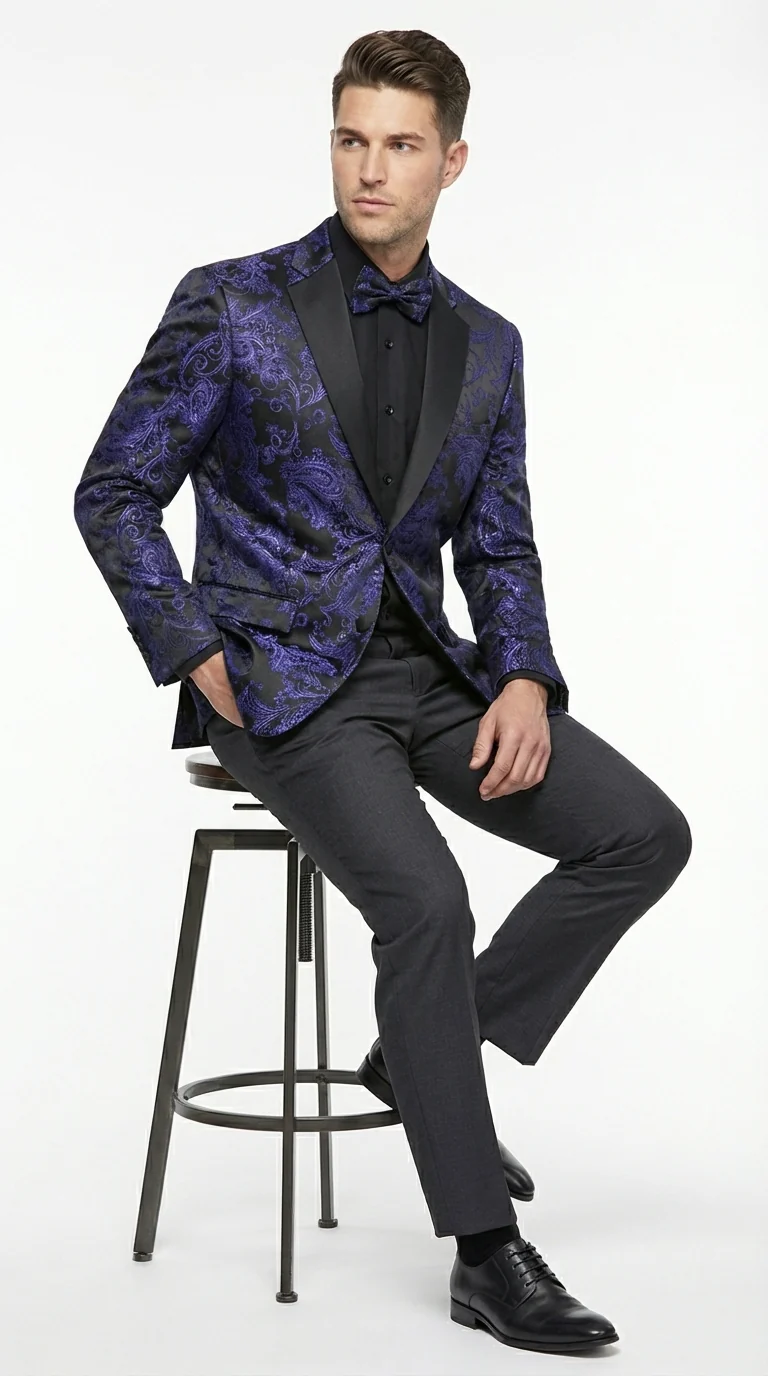 Mens Blue Paisley Jacquard Blazer – Luxury Pattern Tuxedo Dinner Jacket with Black Satin Lapel for Wedding, Prom With Bowtie - Image 11