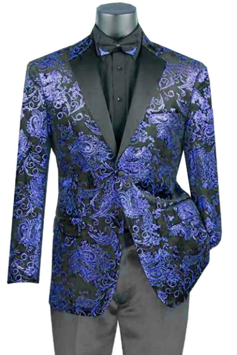 Mens Blue Paisley Jacquard Blazer – Luxury Pattern Tuxedo Dinner Jacket with Black Satin Lapel for Wedding, Prom With Bowtie - Image 12